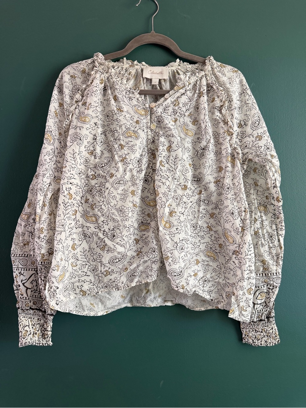 Cleobella White Paisley Button-Front Peasant Blouse with Beige Accents